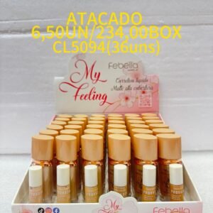 Base líquida Febella My Feeling cobertura uniforme box 36 unidades maquiagem atacado