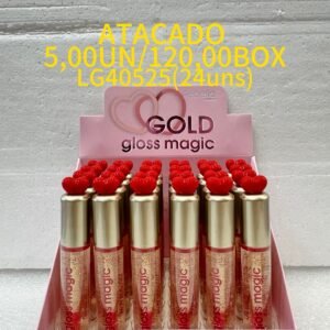 Gloss labial Febella Gold Magic brilho dourado box 24 unidades maquiagem atacado