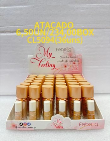 Base líquida Febella My Feeling cobertura uniforme box 36 unidades maquiagem atacado