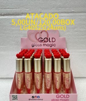 Gloss labial Febella Gold Magic brilho dourado box 24 unidades maquiagem atacado