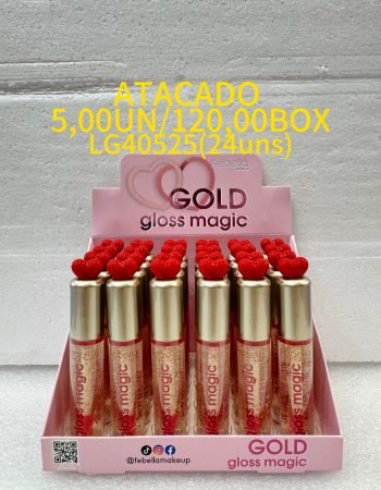 Gloss labial Febella Gold Magic brilho dourado box 24 unidades maquiagem atacado